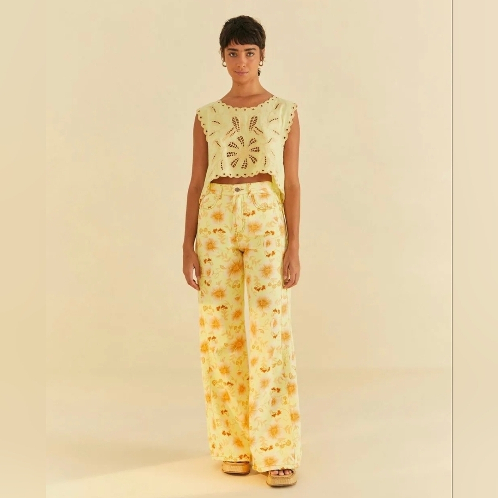 Farm Rio Floral Twill Denim Pants Wide Leg High Waist Crop Length